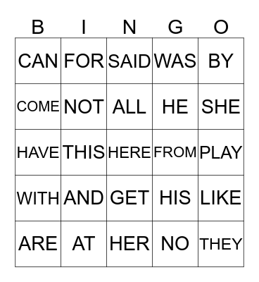 SIGHT WORDS Bingo Card