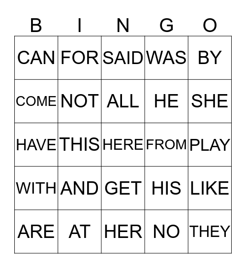 SIGHT WORDS Bingo Card