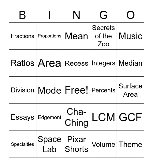 Last Day of Elementary School Bingo Card