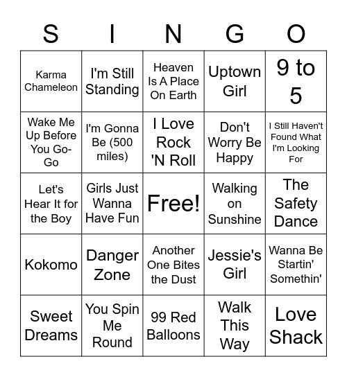 IMS Chorus - 80's Music Bingo Card