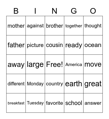 Trick Word Bingo Card