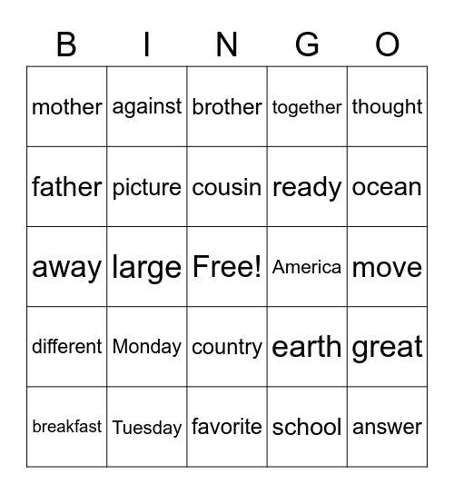 Trick Word Bingo Card