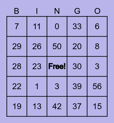 Number Bingo Card