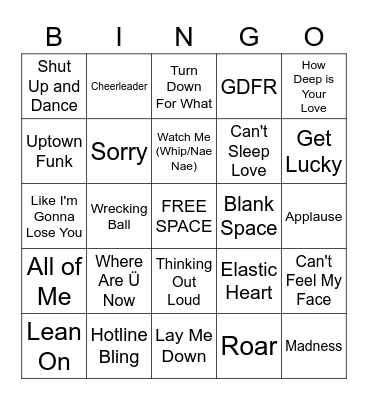 Pop Music Bingo Card