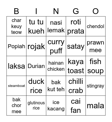 Singaporean Food Bingo Card