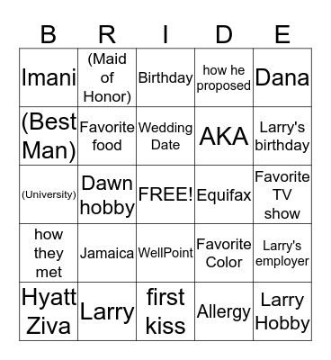 BRIDE BINGO Card