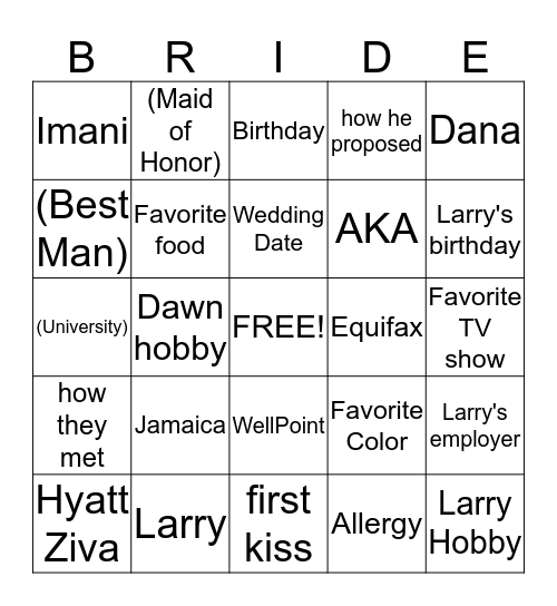 BRIDE BINGO Card