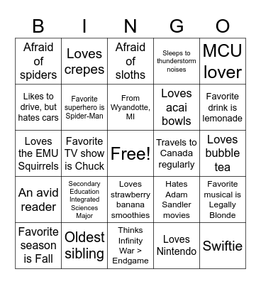 Kinsey's Bingo Card