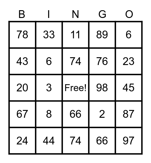 School Bingo Card