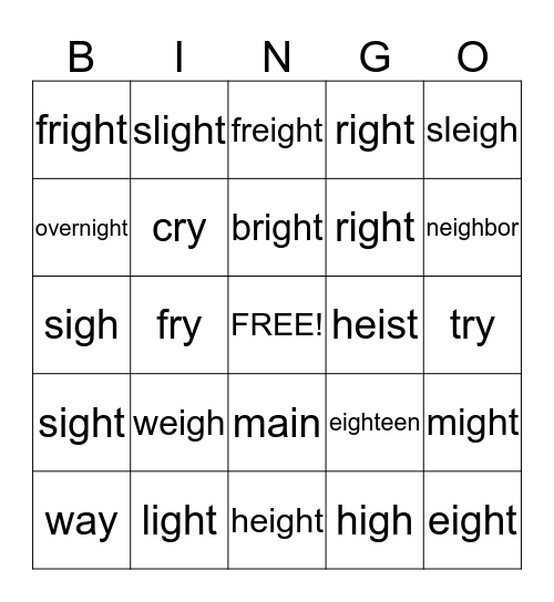 -eigh, -igh Bingo Card