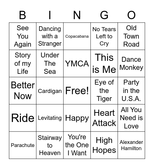 Name that Tune Bingo Card