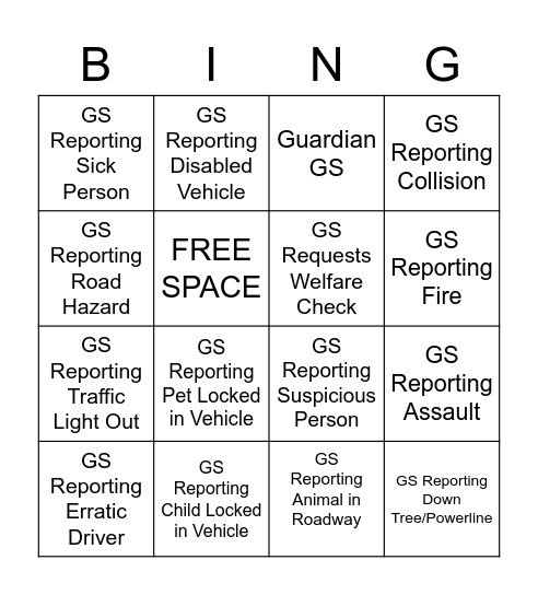 Good Samaritan Bing (no O) Bingo Card