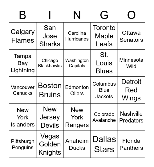 NHL Teams Bingo Card