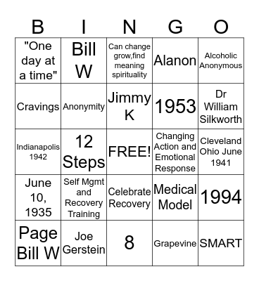 Many Paths to Recovery Bingo Card