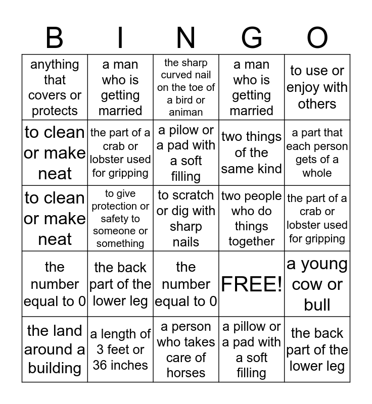 VOCABULARY WORDS AND MEANINGS Bingo Card