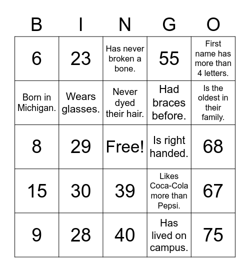 Sophia's Bingo Card
