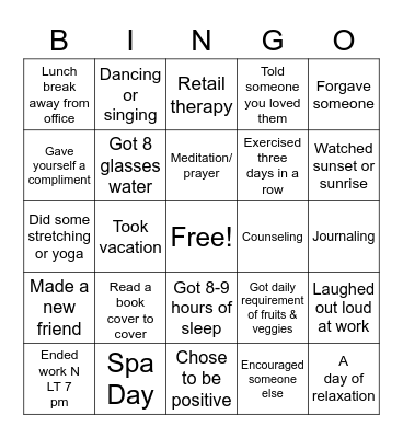 Take Care of You Bingo Card