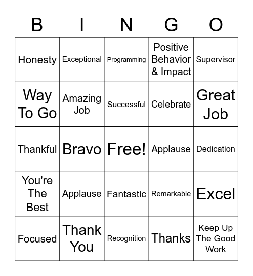 Employee Appreciation Bingo Card