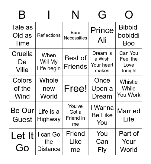 Disney Music Bingo Card