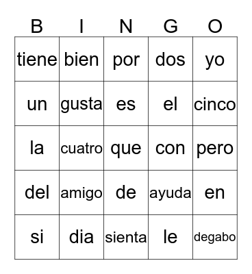 FIRST GRADE SPANISH WORDS Bingo Card