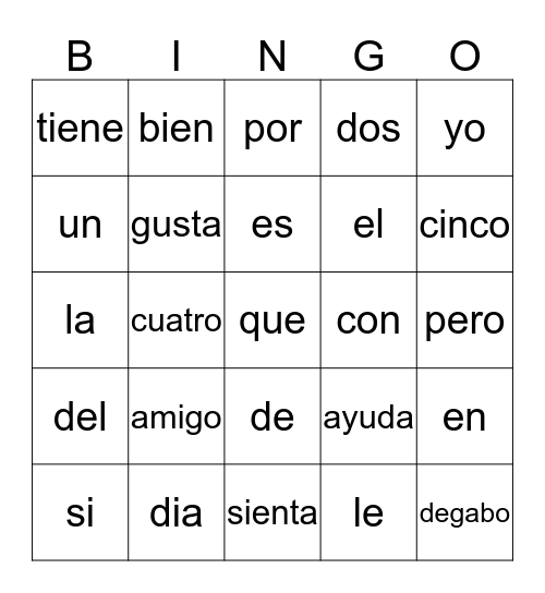 FIRST GRADE SPANISH WORDS Bingo Card