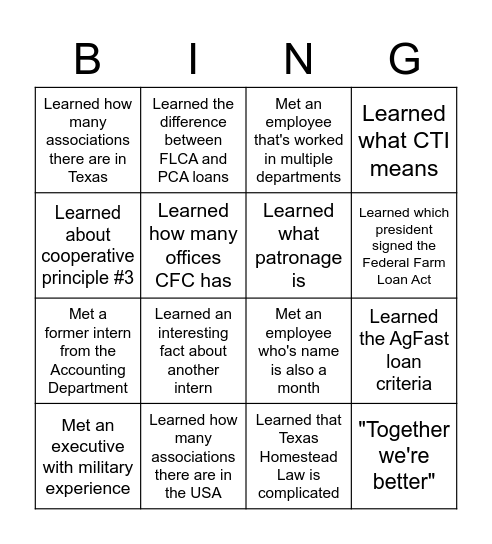 CFC 2021 Intern Orientation Bingo Card