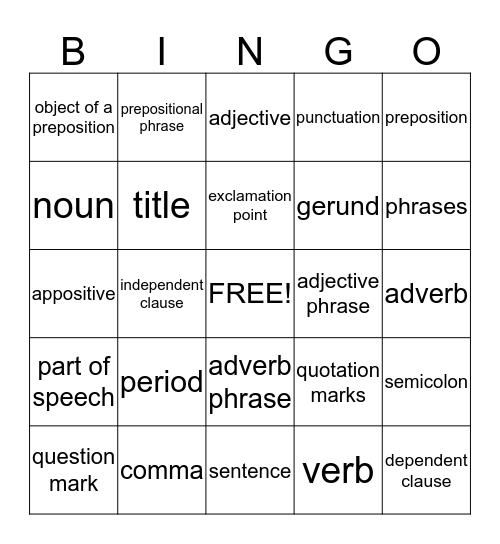 Grammar Bingo Card