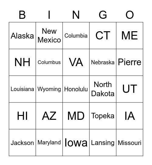 United States Bingo  Bingo Card