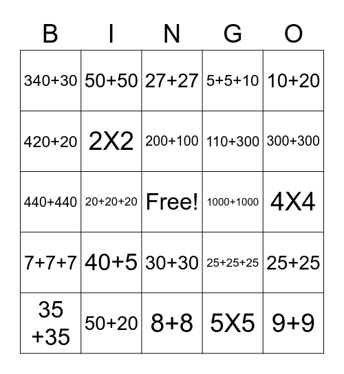 Addition Bingo Card