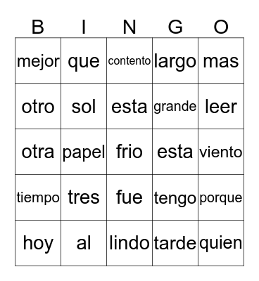 FIRST GRADE SPANISH WORDS Bingo Card