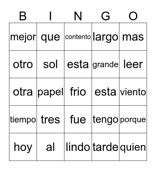 FIRST GRADE SPANISH WORDS Bingo Card