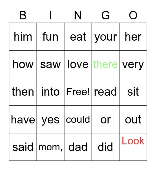 Sight Words Bingo Card