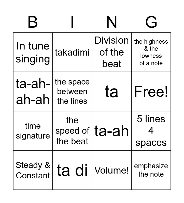Musical Definitions Bingo Card