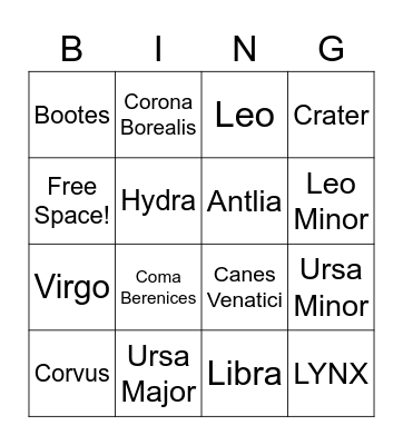 Spring Constellation Bingo Card