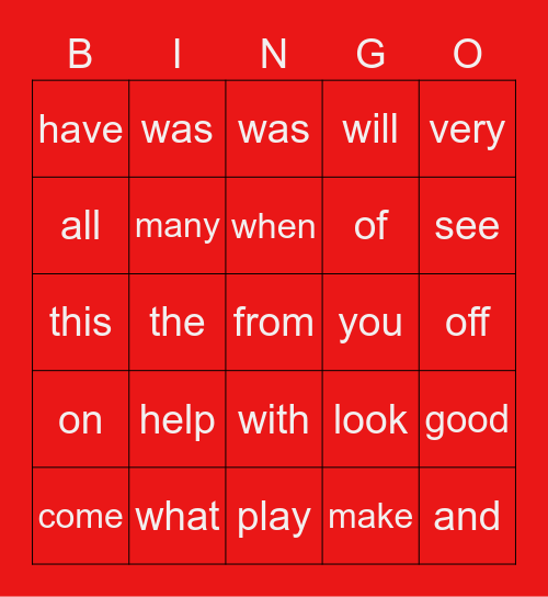 Sight Words Bingo Card