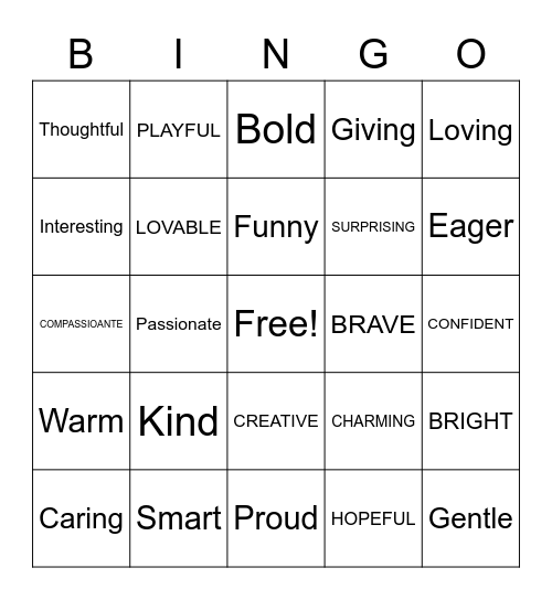 "Be You" Bingo Game Bingo Card