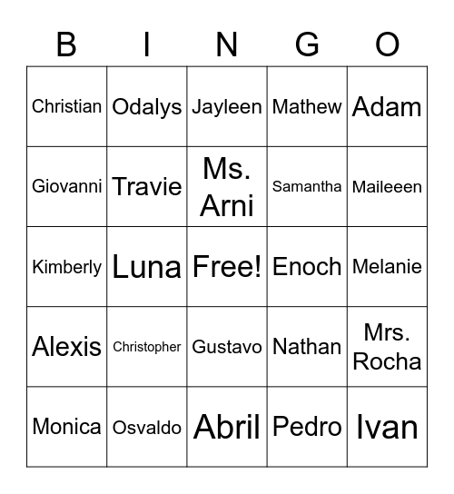 Mrs. Rocha's Class Bingo Card