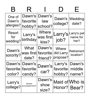 BRIDE BINGO Card