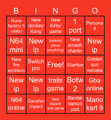 Nintendo E3 2021 Bingo Card