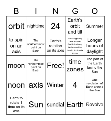 Earth's Rotation Bingo Card