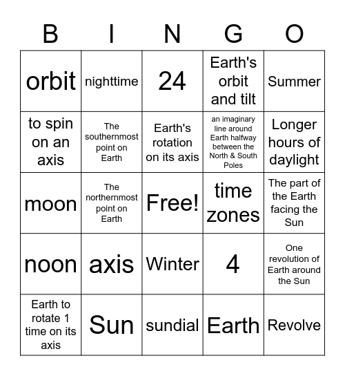 Earth's Rotation Bingo Card
