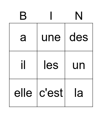 French Sight Words Bingo Card