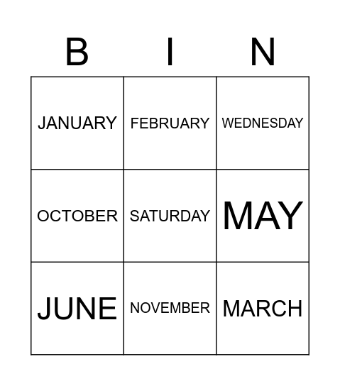 Months and days Bingo Card