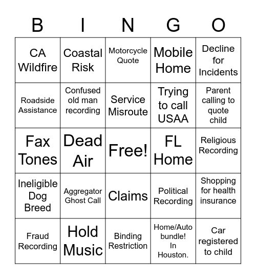 Bad-Luck Bingo Card