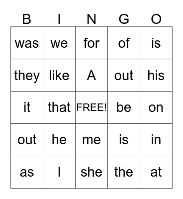 Sight Words Bingo Card