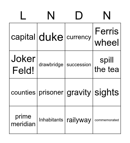 England Bingo Card