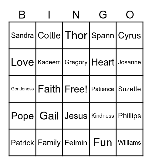 POPE FAMILY BINGO Card