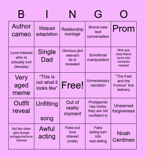 Bad Teen Movie Bingo Card