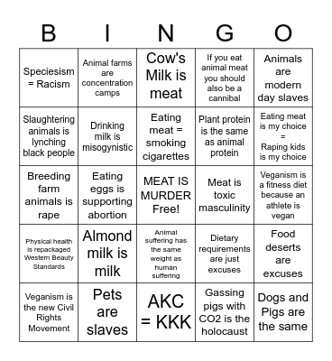 Vegan False Equivalency Bingo Card