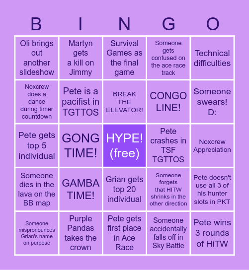 Purple Pandas Bingo Card